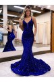Outlet Mermaid V-Neck Sleeveless Long Court Train Velvet Sequin Prom Dress