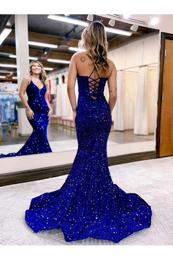 Outlet Mermaid V-Neck Sleeveless Long Court Train Velvet Sequin Prom Dress