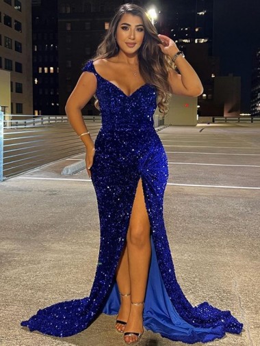 Outlet V-Neck Sleeveless Long Sweep Train Velvet Sequin Prom Dress with Slit