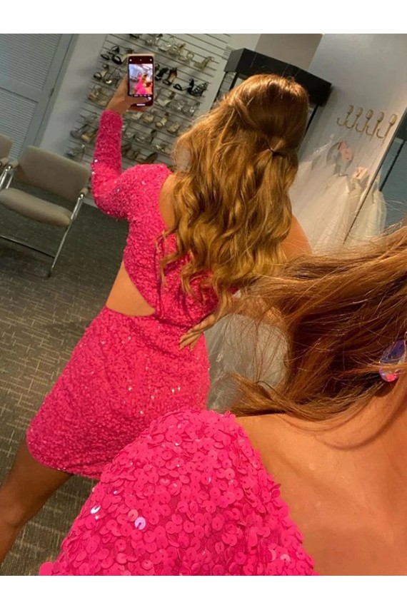 Outlet One Shoulder Long Sleeves Short Velvet Sequin Prom Dress