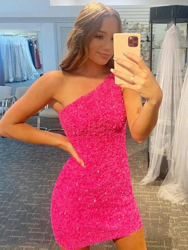 Outlet Short One Shoulder Sleeveless Velvet Sequin Prom Dress