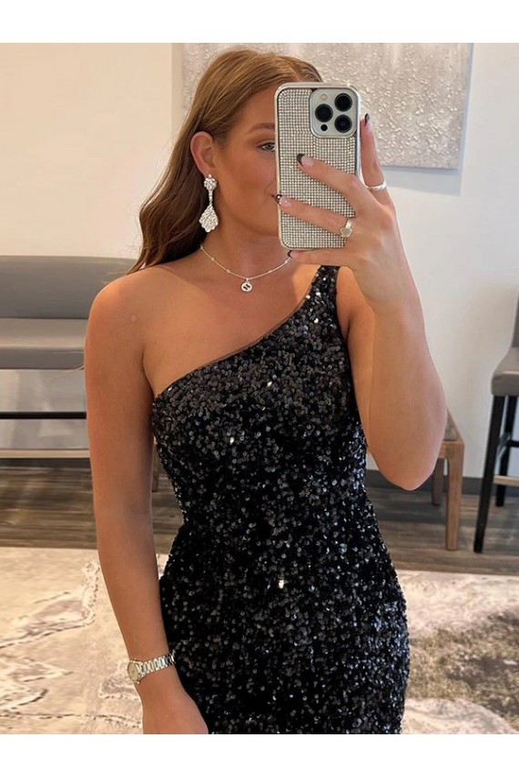 Outlet One Shoulder Sleeveless Short Velvet Sequin Prom Dress