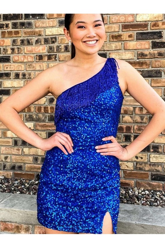 Outlet One Shoulder Sleeveless Short Velvet Sequin Royal Blue Prom Dress