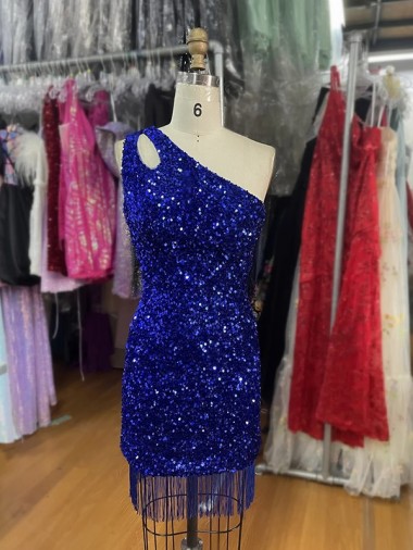Outlet One Shoulder Keyhole Sleeveless Short Velvet Sequin Prom Dress