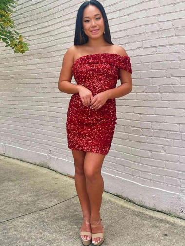 Outlet Short One Shoulder Sleeveless Velvet Sequin Cocktail Prom Dress