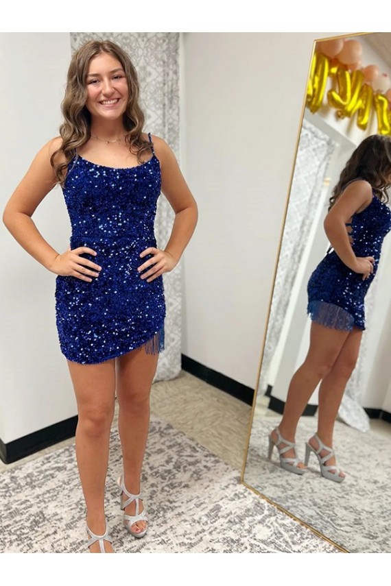 Outlet Spaghetti Straps Backless Sleeveless Short Velvet Sequin Prom Dress