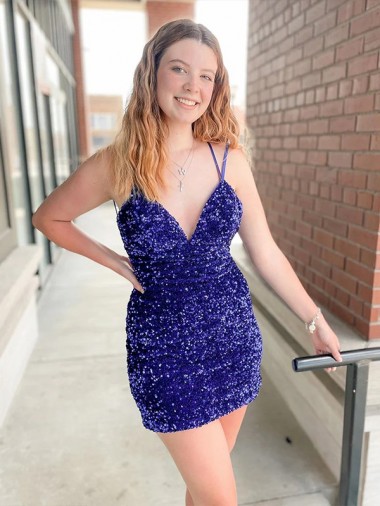 Outlet Sleeveless Short Velvet Sequin V-Neck Prom Dress