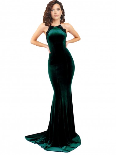 Outlet High Neck Stretch Velvet Prom Dress with Black Lace Embroidery
