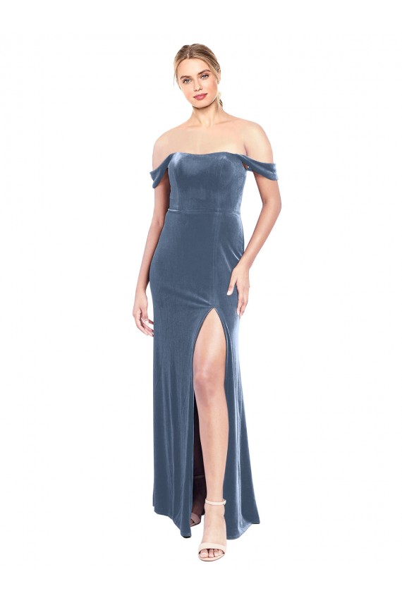 Outlet Draped Sleeves Wide Scoop Neck Off the Shoulder Velvet Prom Dress
