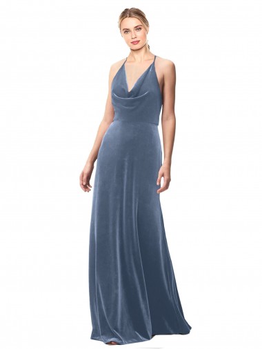 Outlet Halter Cowl Neck Long A-Line Velvet Prom Dress with Keyhole Back