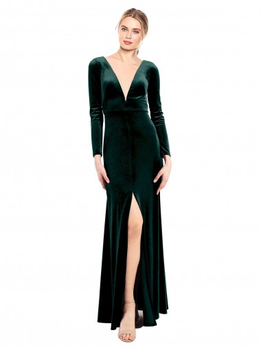 Outlet Plunging V-Neckline Long Sleeves Open Back Velvet Prom Dress