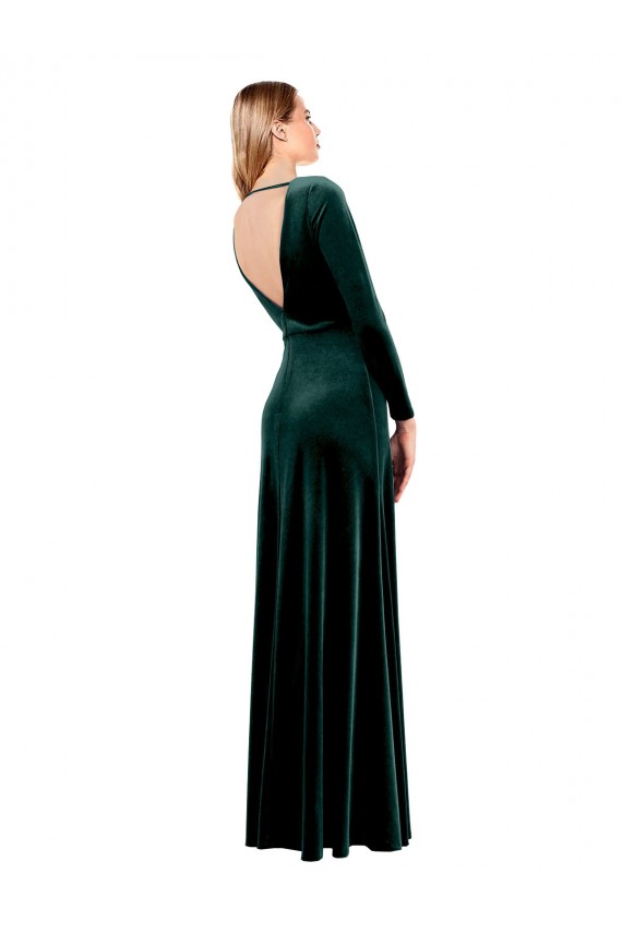 Outlet Plunging V-Neckline Long Sleeves Open Back Velvet Prom Dress