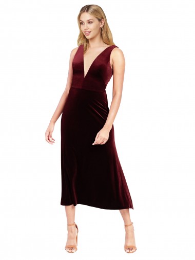 Outlet Daring Plunging V-Neckline Short Midi Length Velvet Cocktail Prom Dress / Homecoming Dress