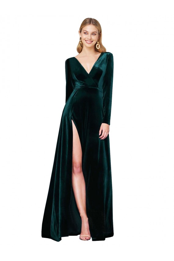 Outlet Deep V-Neck Long Sleeves Velvet Prom Dress with High Side Split
