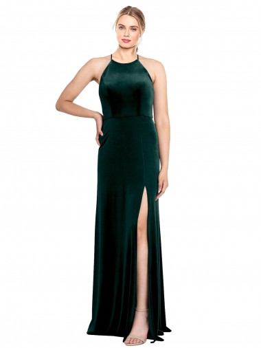 Outlet Long Jewel Neck Full Length Velvet Prom Dress with Side Slit