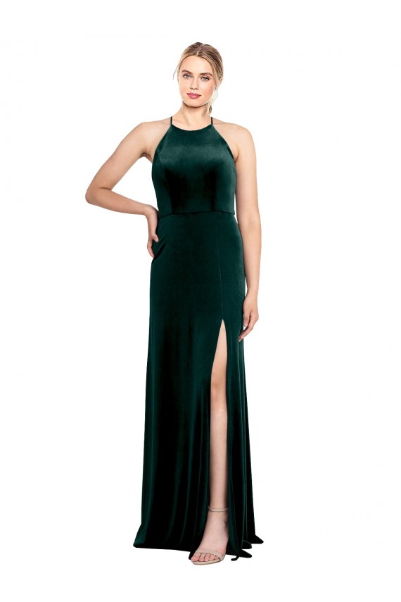 Outlet Long Jewel Neck Full Length Velvet Prom Dress with Side Slit
