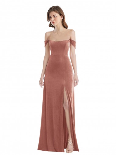 Outlet Off the Shoulder Flounce Sleeve Velvet Maxi Prom Dress & Pockets