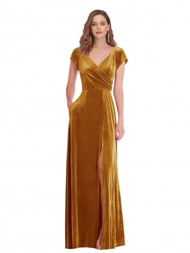 Outlet Cap Sleeve Faux Wrap Velvet Maxi Prom Dress with Pockets