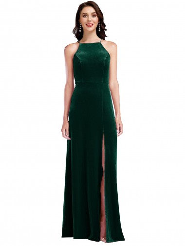 Outlet Velvet Halter Maxi Prom Dress with Front Slit & Pockets