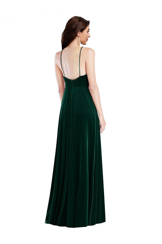 Outlet Velvet Halter Maxi Prom Dress with Front Slit & Pockets
