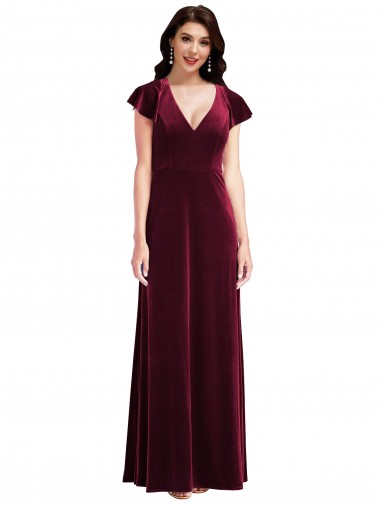 Outlet Flutter Sleeve Velvet Maxi Prom Dress with Pockets