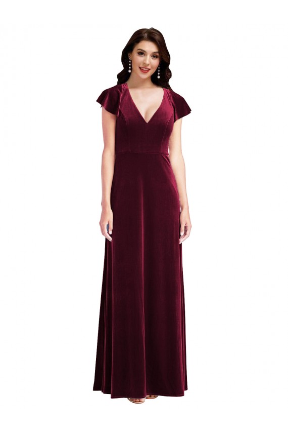 Outlet Flutter Sleeve Velvet Maxi Prom Dress with Pockets