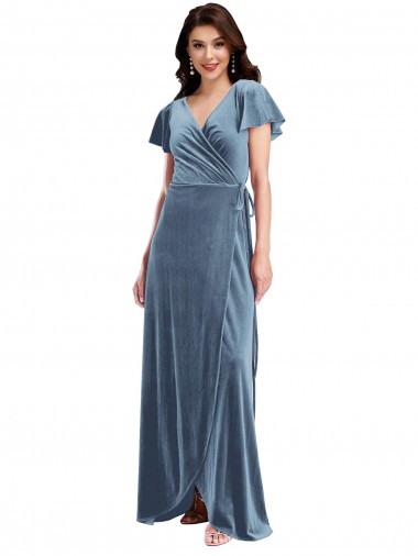 Outlet Flutter Sleeve Velvet Wrap Maxi Prom Dress with Pockets