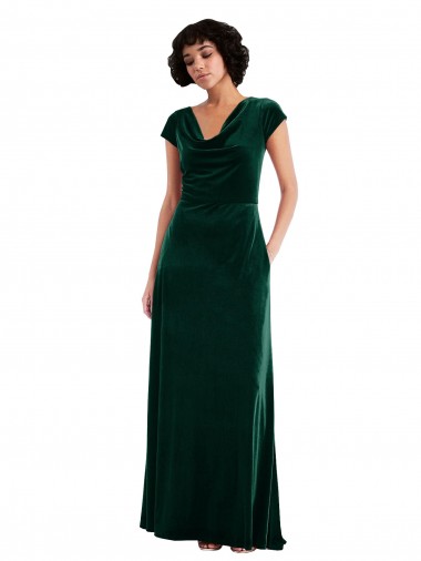 Outlet Cowl Neck Cap Sleeve Velvet Maxi Prom Dress with Pockets