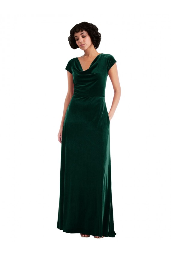 Outlet Cowl Neck Cap Sleeve Velvet Maxi Prom Dress with Pockets