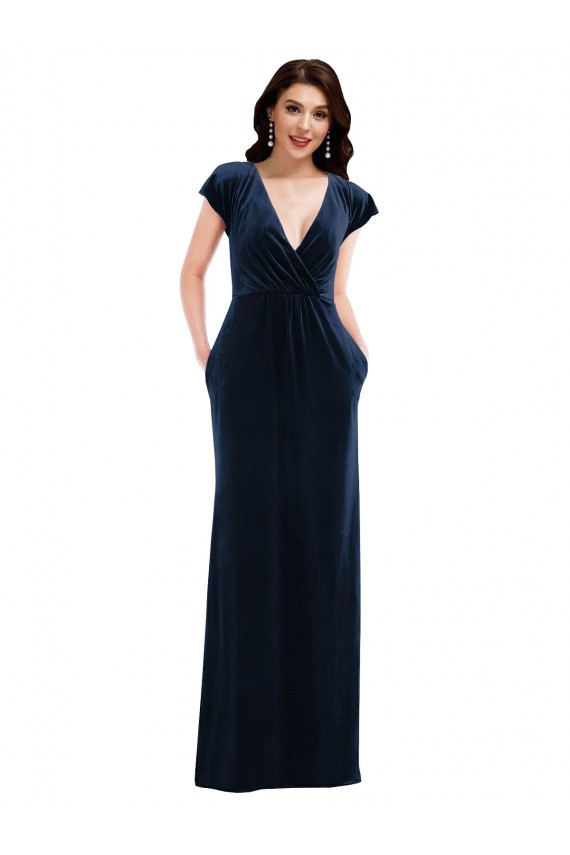 Outlet Flutter Sleeve Wrap Bodice Velvet Maxi Prom Dress with Pockets