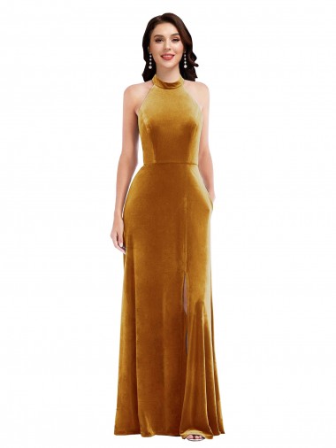 Outlet High-Neck Halter Velvet Maxi Prom Dress with Front Slit