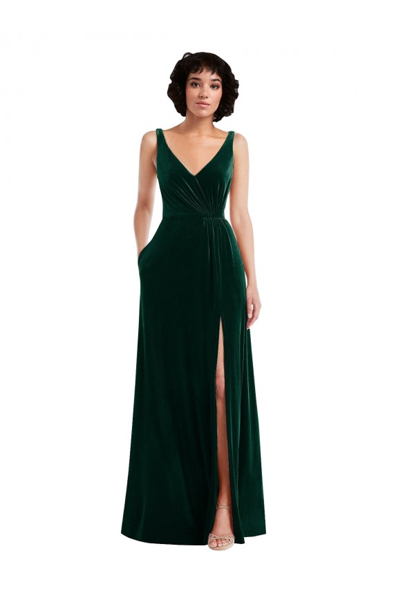Outlet Floor Length Velvet Maxi Prom Dress with Shirred Bodice and Front Slit
