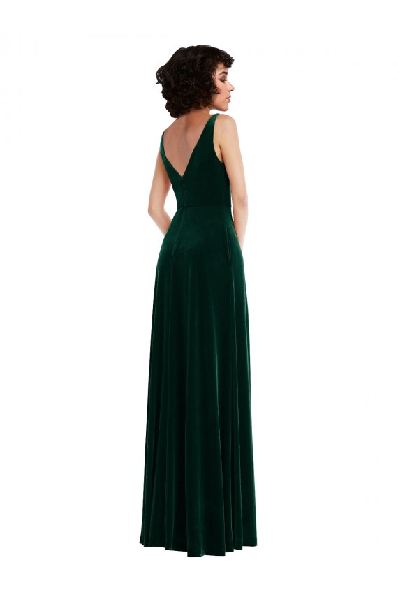 Outlet Floor Length Velvet Maxi Prom Dress with Shirred Bodice and Front Slit
