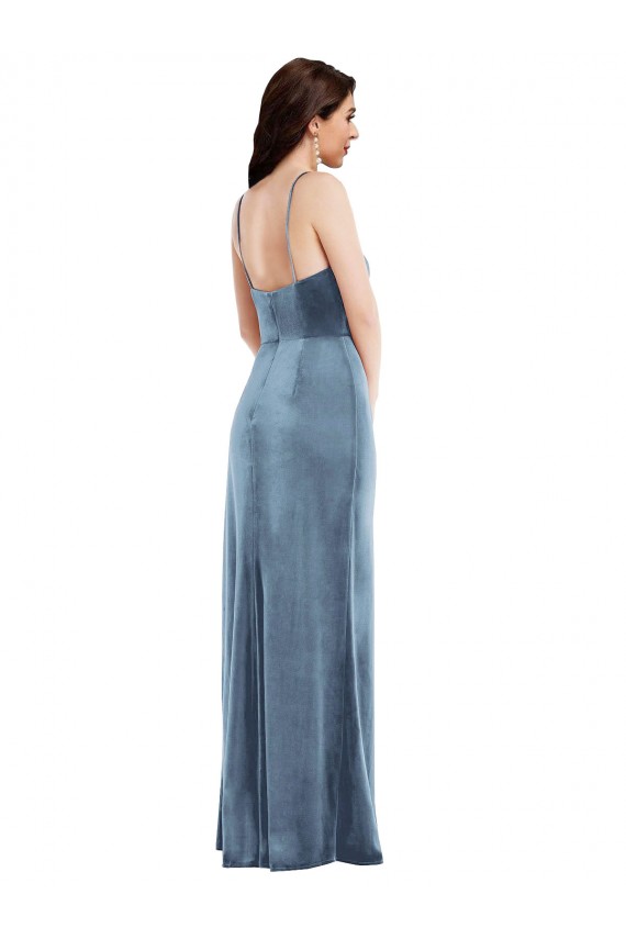 Outlet Spaghetti Strap Velvet Maxi Prom Dress with Draped Skirt