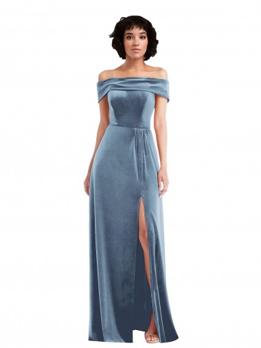 Outlet Draped Cuff Off the Shoulder Velvet Maxi Prom Dress with Pockets