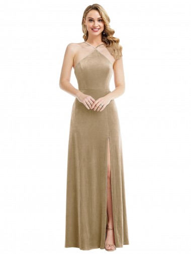 Outlet High Neck Halter Open Back Long Velvet Maxi Prom Dress with Pockets