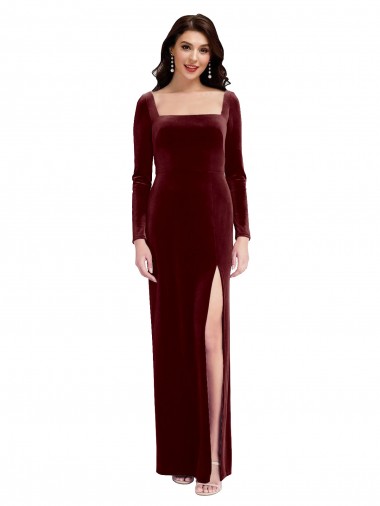 Outlet Sleek Square Neck Spaghetti Straps Velvet Prom Dress with Side Slit