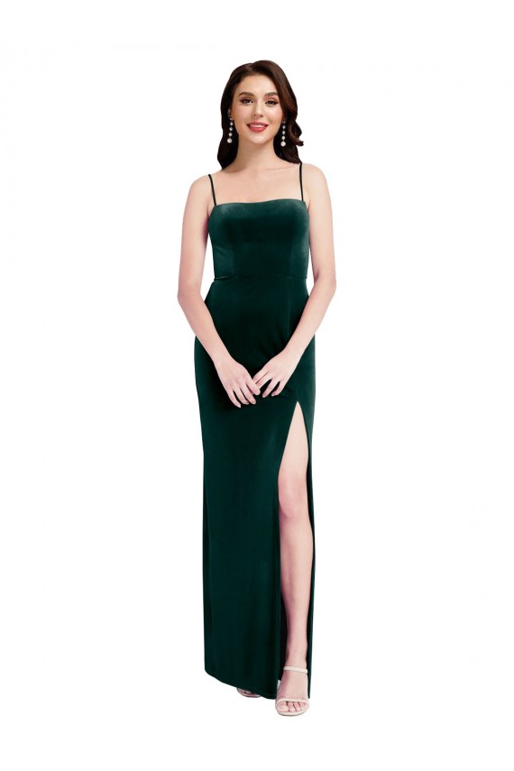 Outlet Straight Neckline Spaghetti Straps Long Velvet Prom Dress with High Side Slit