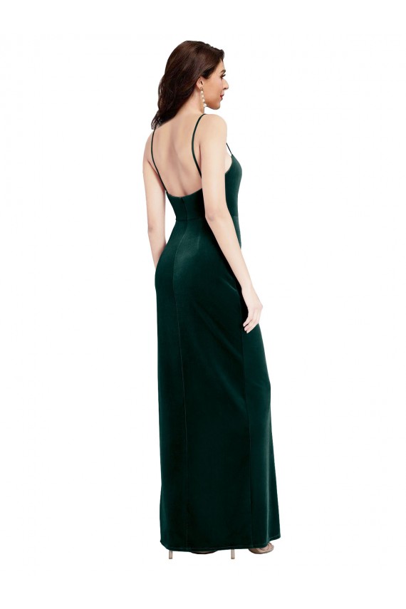 Outlet Straight Neckline Spaghetti Straps Long Velvet Prom Dress with High Side Slit