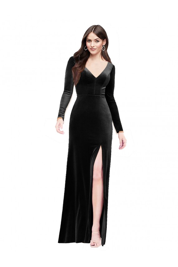 Outlet Long Sleeves Velvet Prom Dress with V-Neckline and Thigh Slit