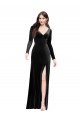 Outlet Long Sleeves Velvet Prom Dress with V-Neckline and Thigh Slit