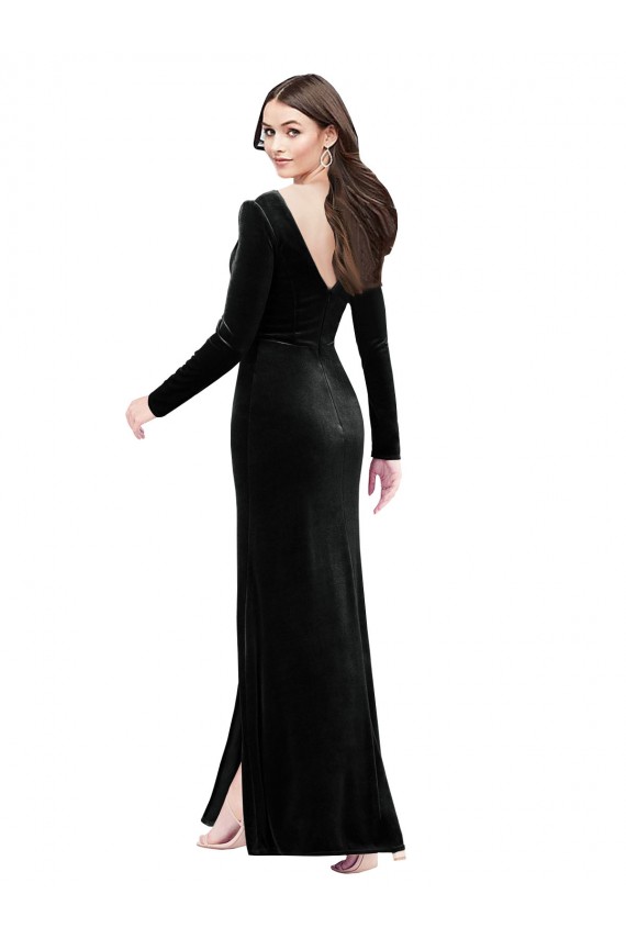 Outlet Long Sleeves Velvet Prom Dress with V-Neckline and Thigh Slit