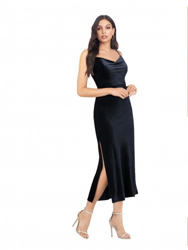 Outlet Midi Length Velvet Cocktail Prom Dress / Homecoming Dress with Cowl Neck and Spaghetti Straps