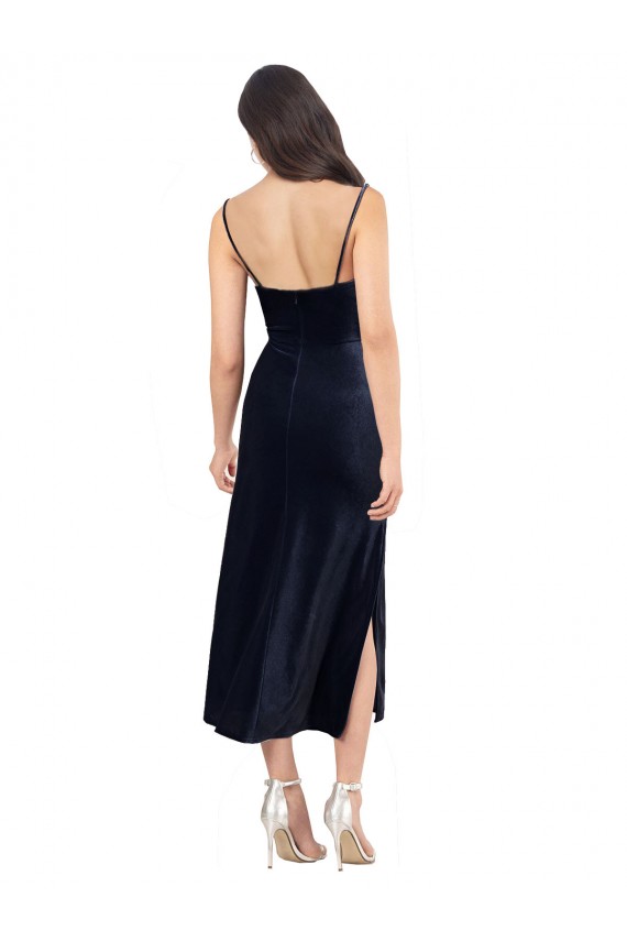 Outlet Midi Length Velvet Cocktail Prom Dress / Homecoming Dress with Cowl Neck and Spaghetti Straps