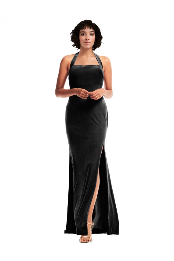 Outlet Empire Waist Stretch Velvet Prom Dress with Halter Strap