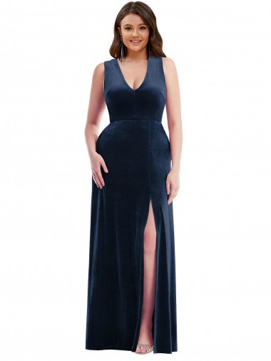 Outlet Deep V-Neck Sleeveless Velvet Maxi Prom Dress with Pockets