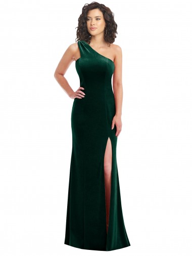 Outlet One Shoulder Velvet Trumpet Prom Dress with Front Slit