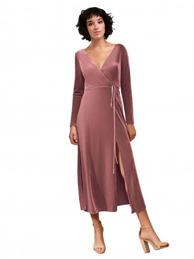 Outlet Long Sleeve Velvet Faux Wrap Midi Length Prom Dress