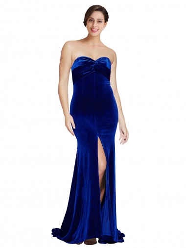 Outlet Strapless Ruched Velvet Prom Dress with Sweep Train and Front Slit