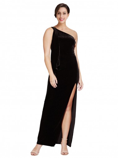 Outlet One Shoulder Long Velvet Prom Dress with Side Split and Shoulder Tie